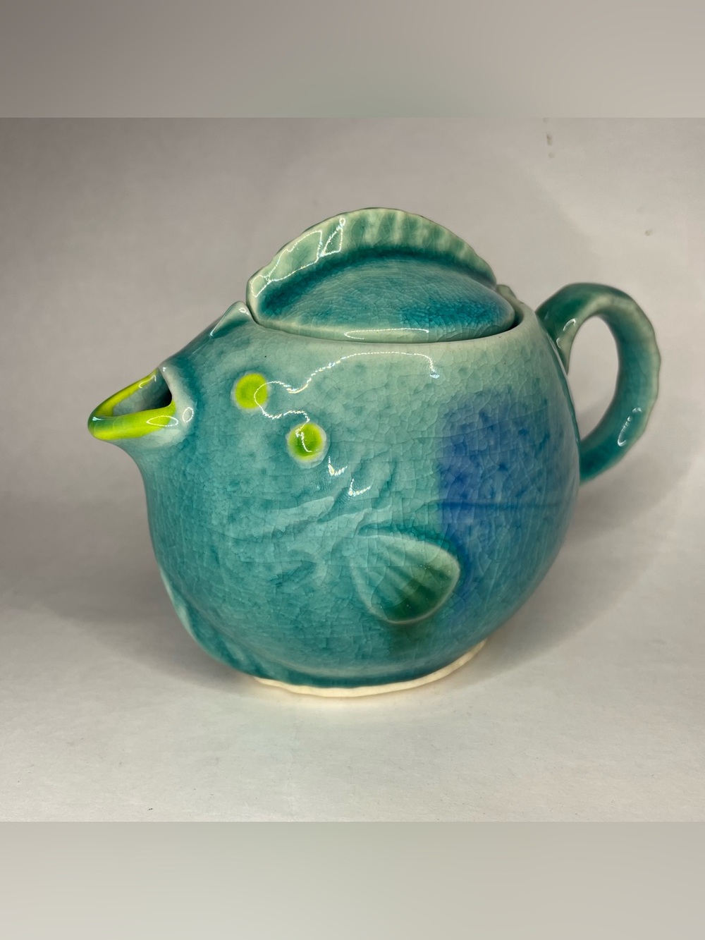 VTG Happy Fish Ceramic Teapot Japan Aqua Blue Crackle Glaze 6"x4.5" Signed